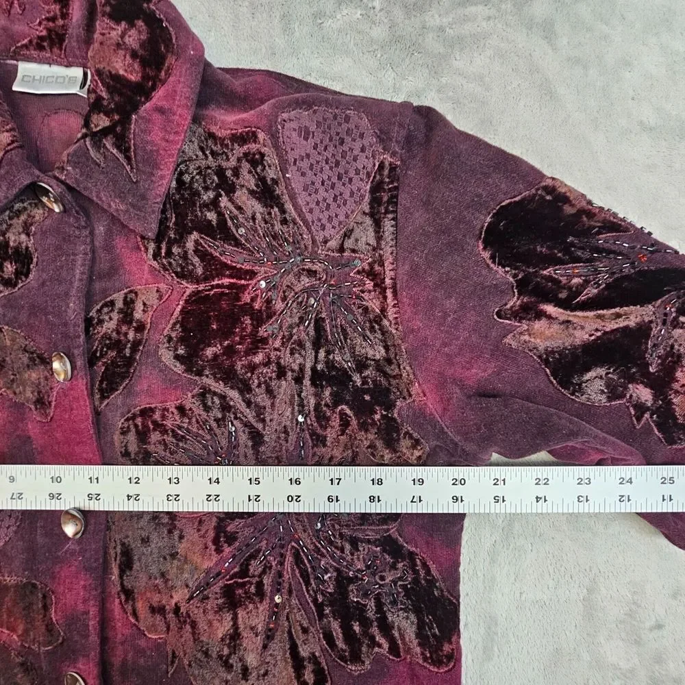 Chico's Dress Jacket Womens 0 Burgundy‎ Beaded Sequin Applique Velvet Button Up